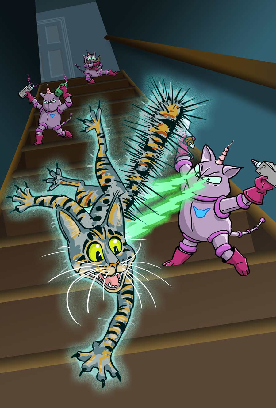 Purple metal android cats raid the house.