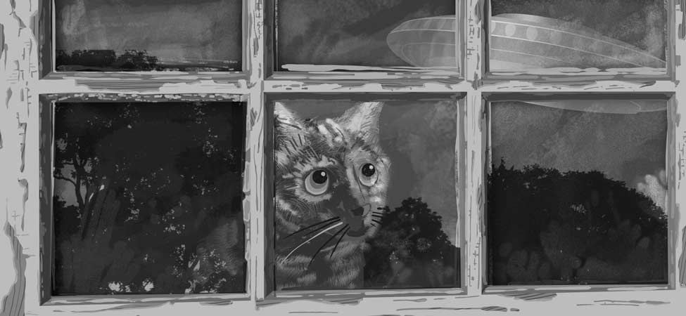 Ridley watches the saucer through the back window.
